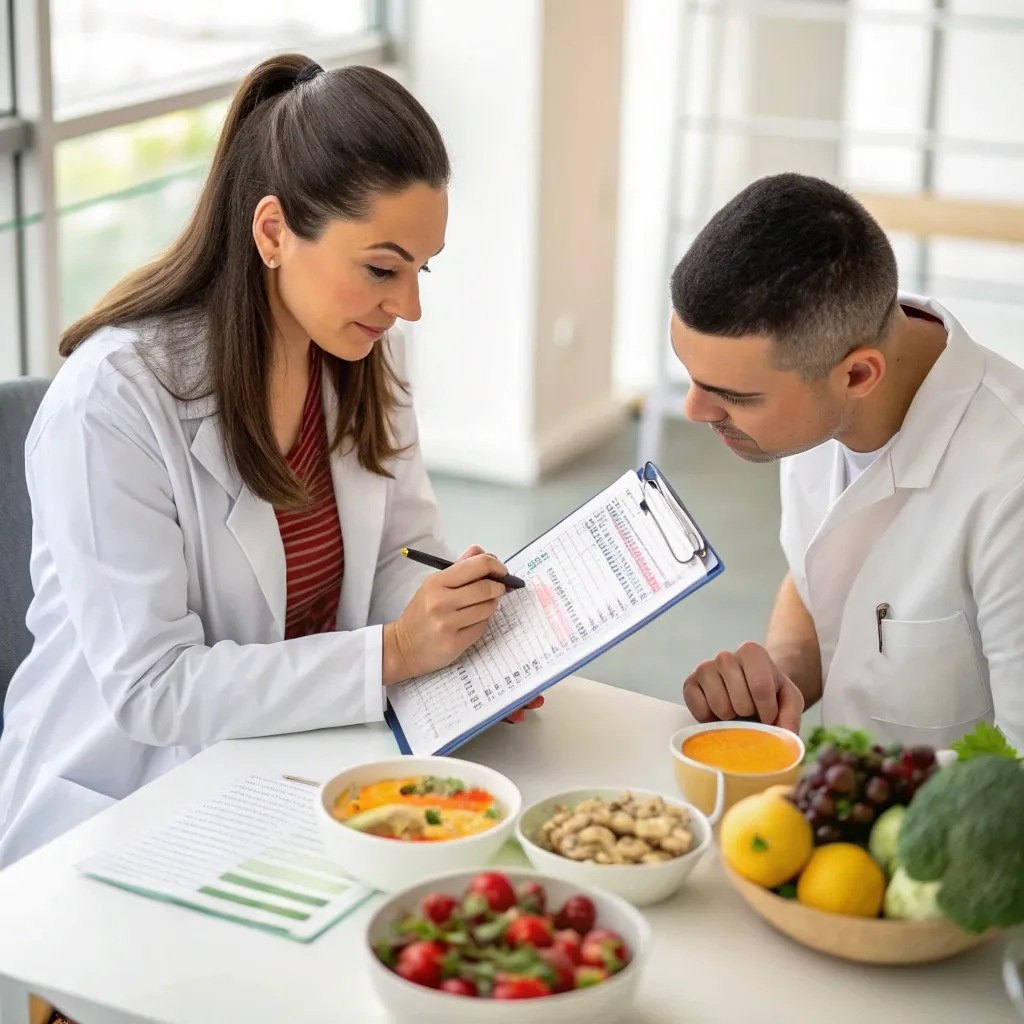 A professional dietitian consulting with a client over a meal plan